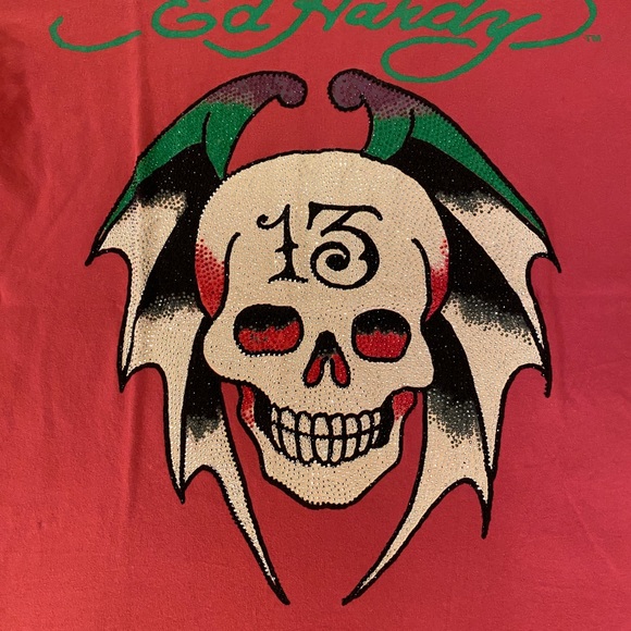 Vintage Ed Hardy by Christian Audigier Jewel Crystal Skull & Wings T Shirt - Picture 5 of 15